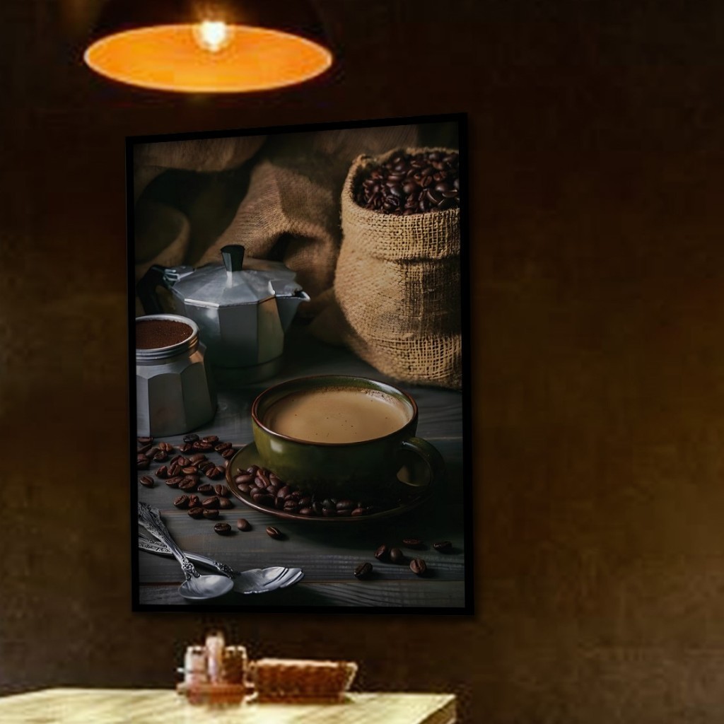 Tranh tường chủ đề cà phê cổ điển, khung gỗ, trang trí quán cà phê và phòng ngủ