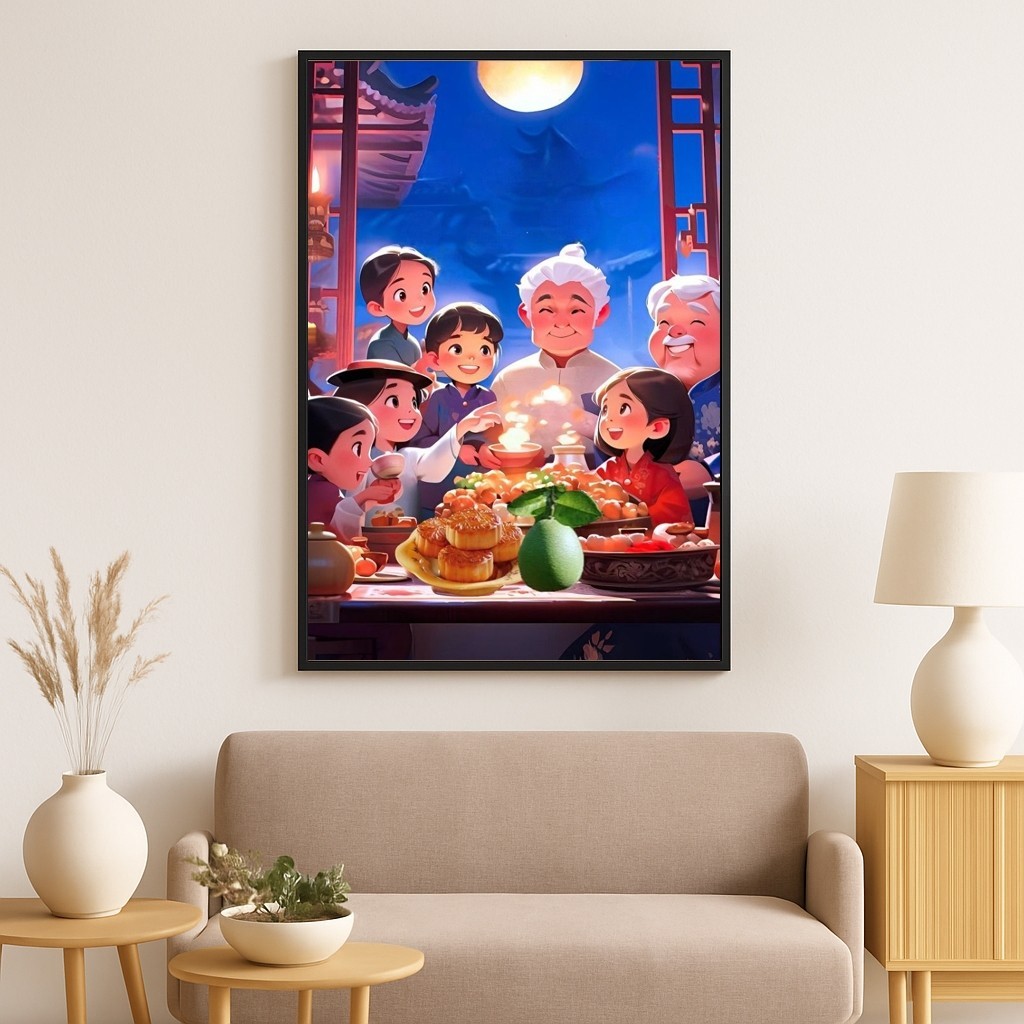 Tranh canvas decor ngày tết Trung Thu SNY38 - Tranh vui tết trung thu khung cảnh gia đình ấm cúng