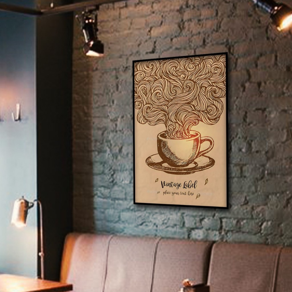 Tranh tường chủ đề cà phê cổ điển, khung gỗ, trang trí quán cà phê và phòng ngủ
