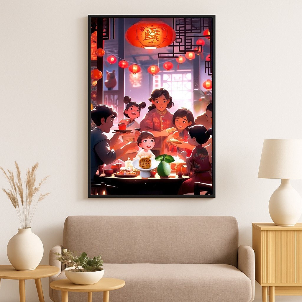 Tranh canvas decor ngày tết Trung Thu SNY38 - Tranh vui tết trung thu khung cảnh gia đình ấm cúng