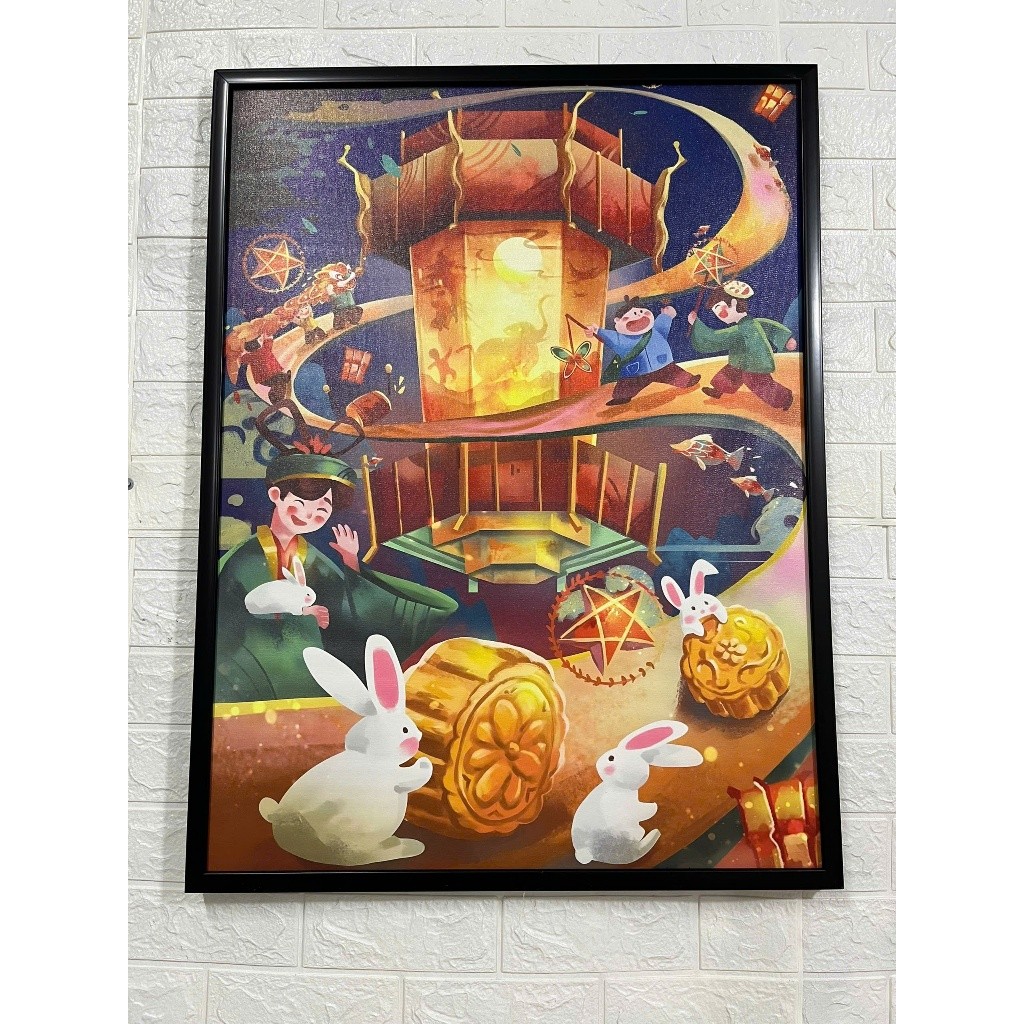 Tranh canvas decor ngày tết Trung Thu SNY38 - Tranh vui tết trung thu khung cảnh gia đình ấm cúng