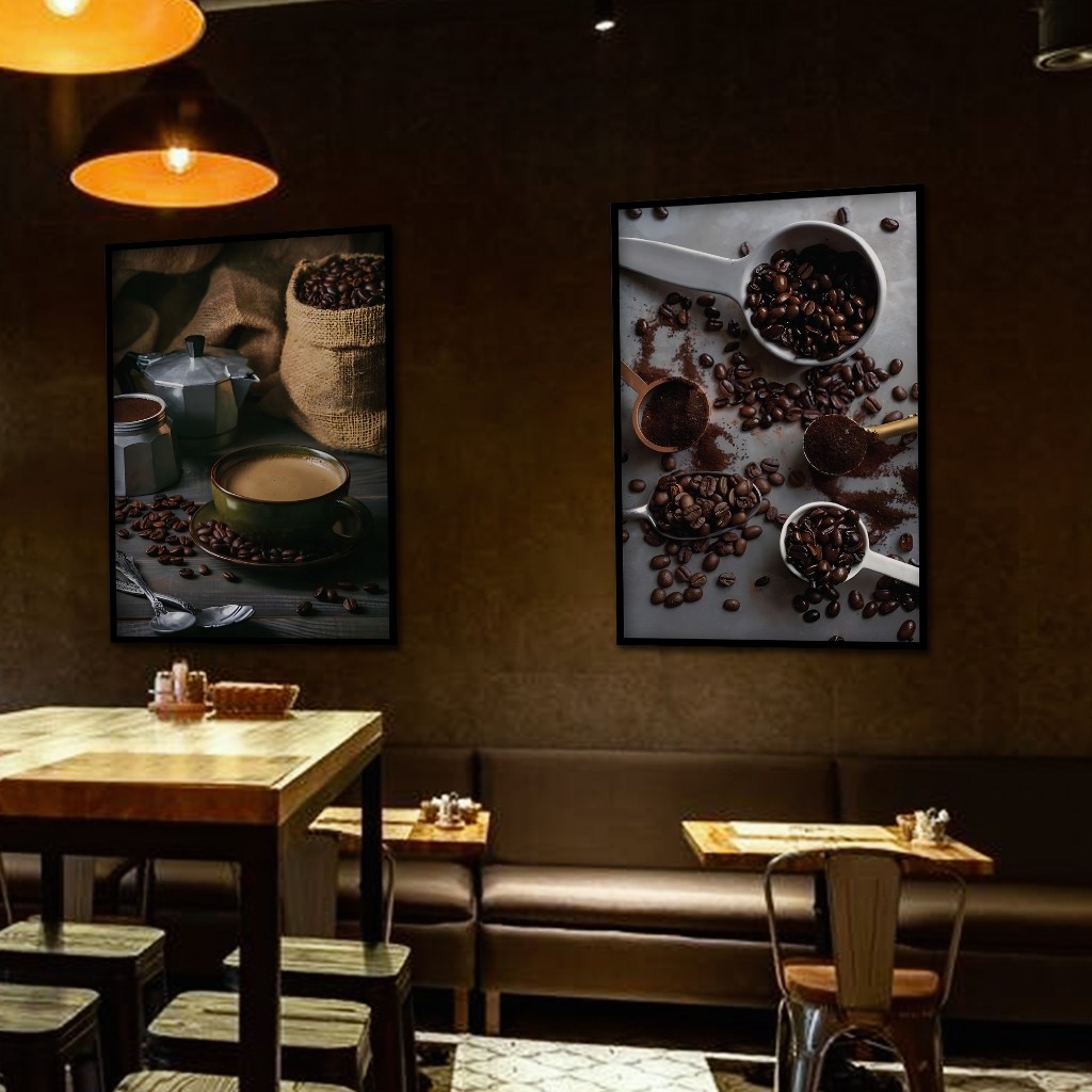 Tranh tường chủ đề cà phê cổ điển, khung gỗ, trang trí quán cà phê và phòng ngủ