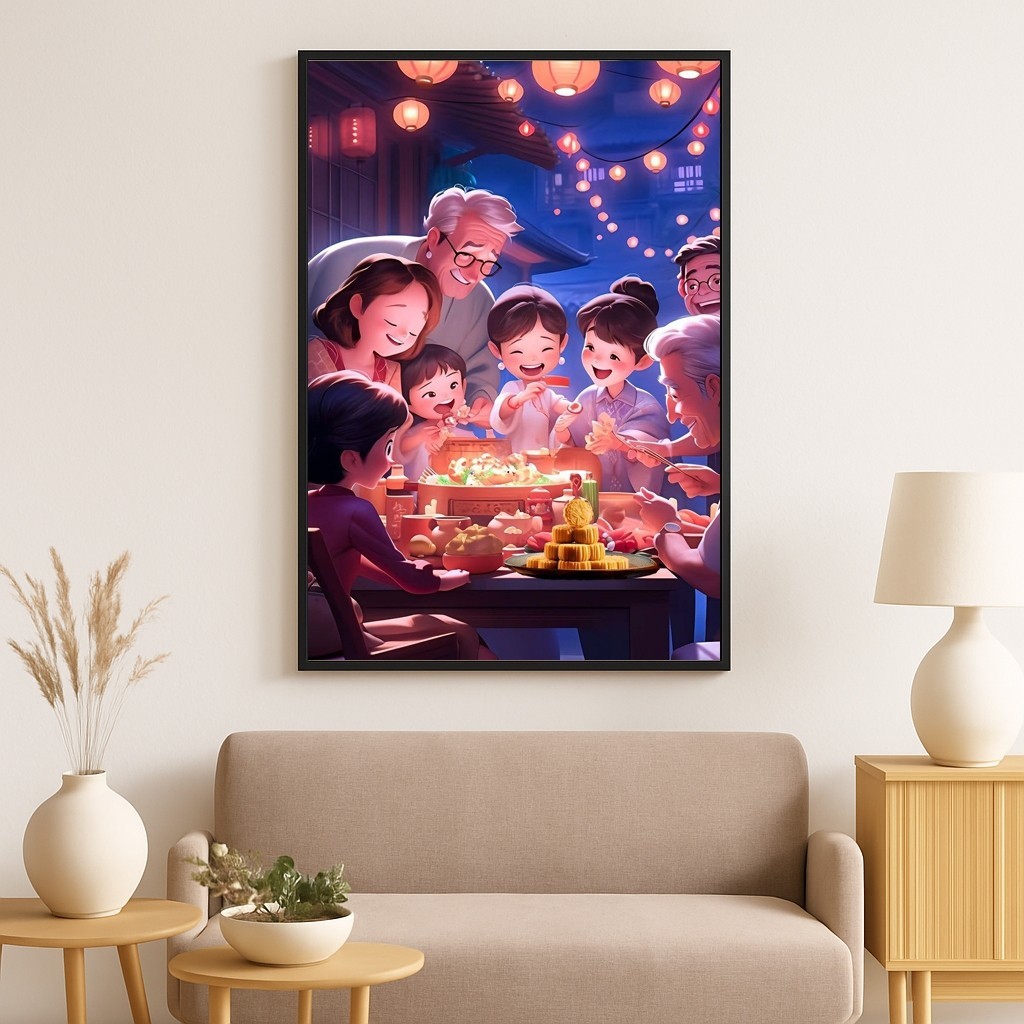 Tranh canvas decor ngày tết Trung Thu SNY38 - Tranh vui tết trung thu khung cảnh gia đình ấm cúng