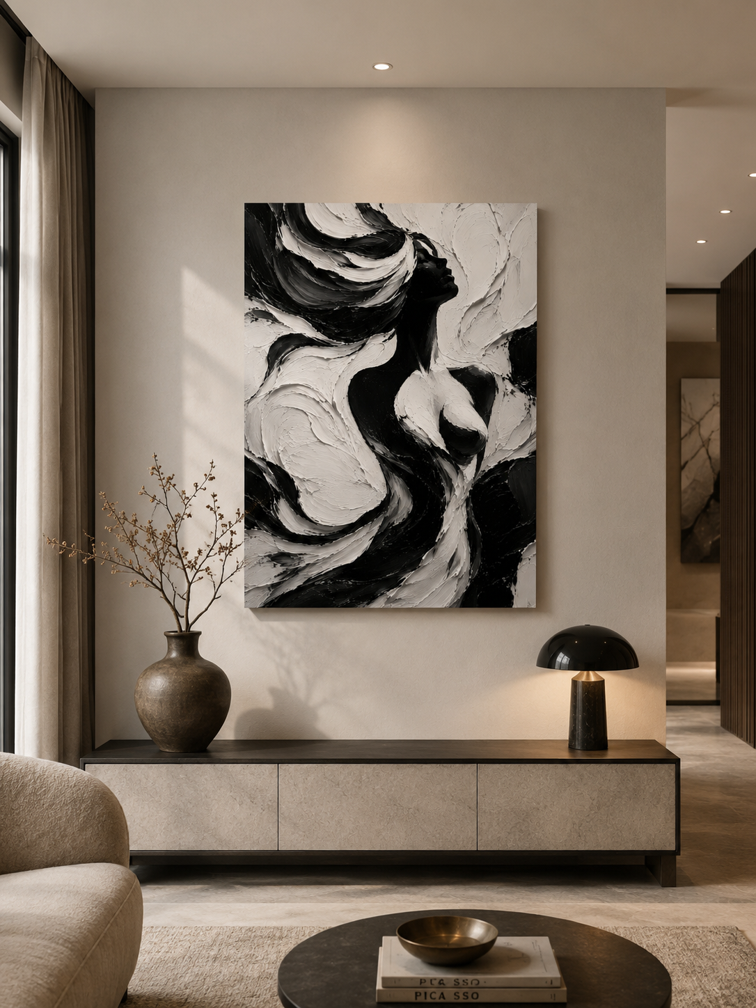 Tranh Canvas Nghệ Thuật Cô Gái Và Hoa Lá Tông Tối Trang Trí Phòng Khách