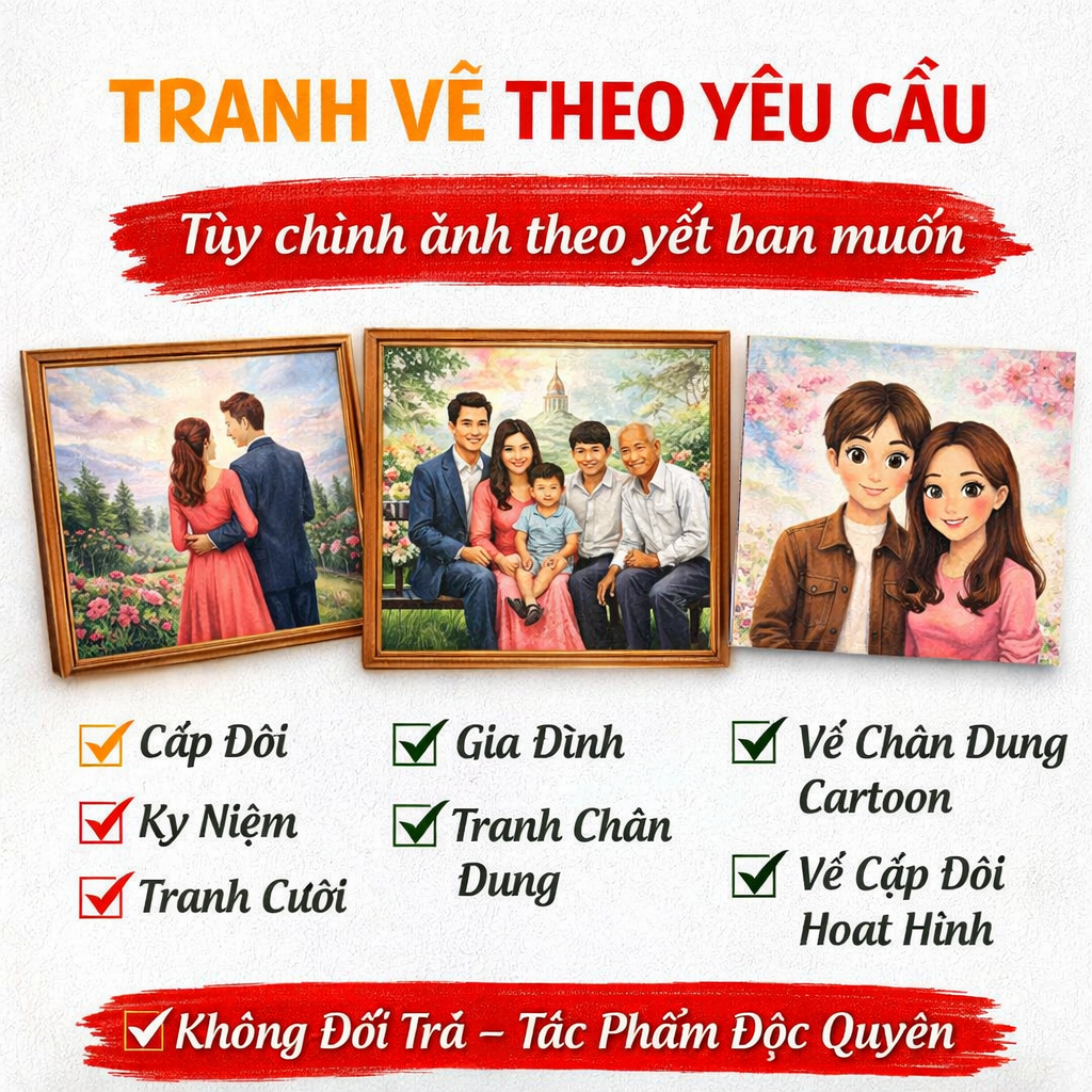 Tranh Vẽ Theo Yêu Cầu | Nhận Vẽ Theo Ảnh | Tùy Chỉnh Kích Thước Ảnh gia đình, ảnh cặp đôi
