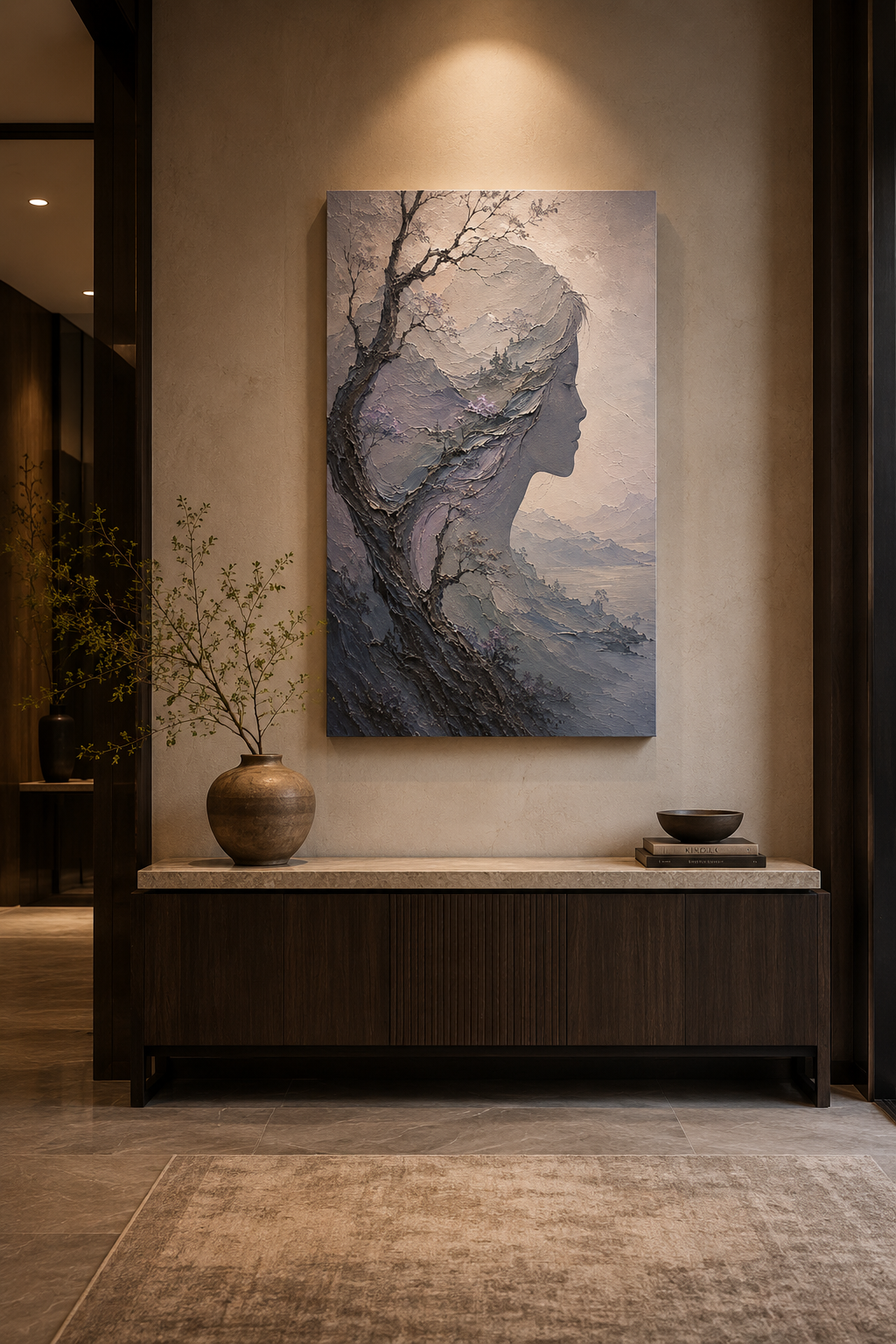 Tranh Canvas Nghệ Thuật Cô Gái Và Hoa Lá Tông Tối Trang Trí Phòng Khách