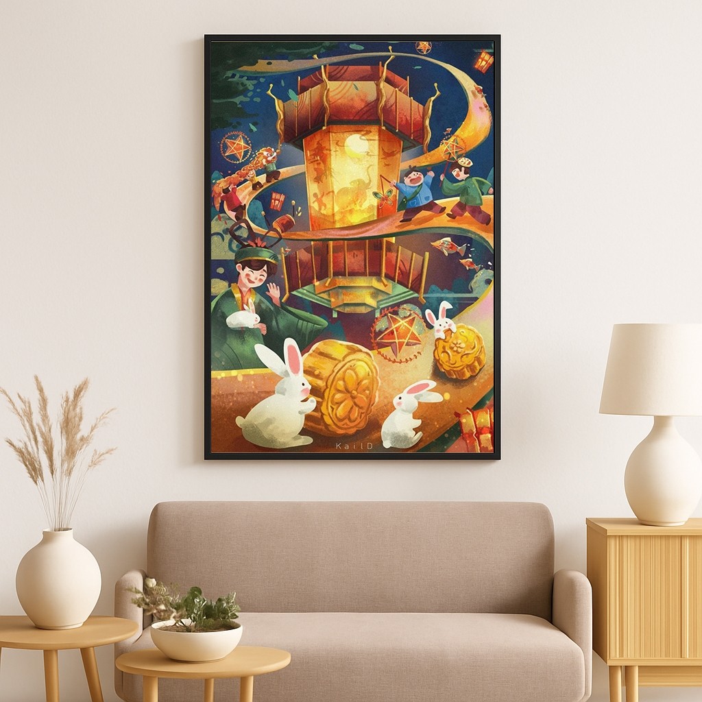 Tranh canvas decor ngày tết Trung Thu SNY38 - Tranh vui tết trung thu khung cảnh gia đình ấm cúng