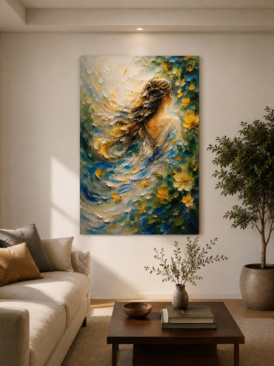 Tranh Canvas Nghệ Thuật Cô Gái Và Hoa Lá Tông Tối Trang Trí Phòng Khách
