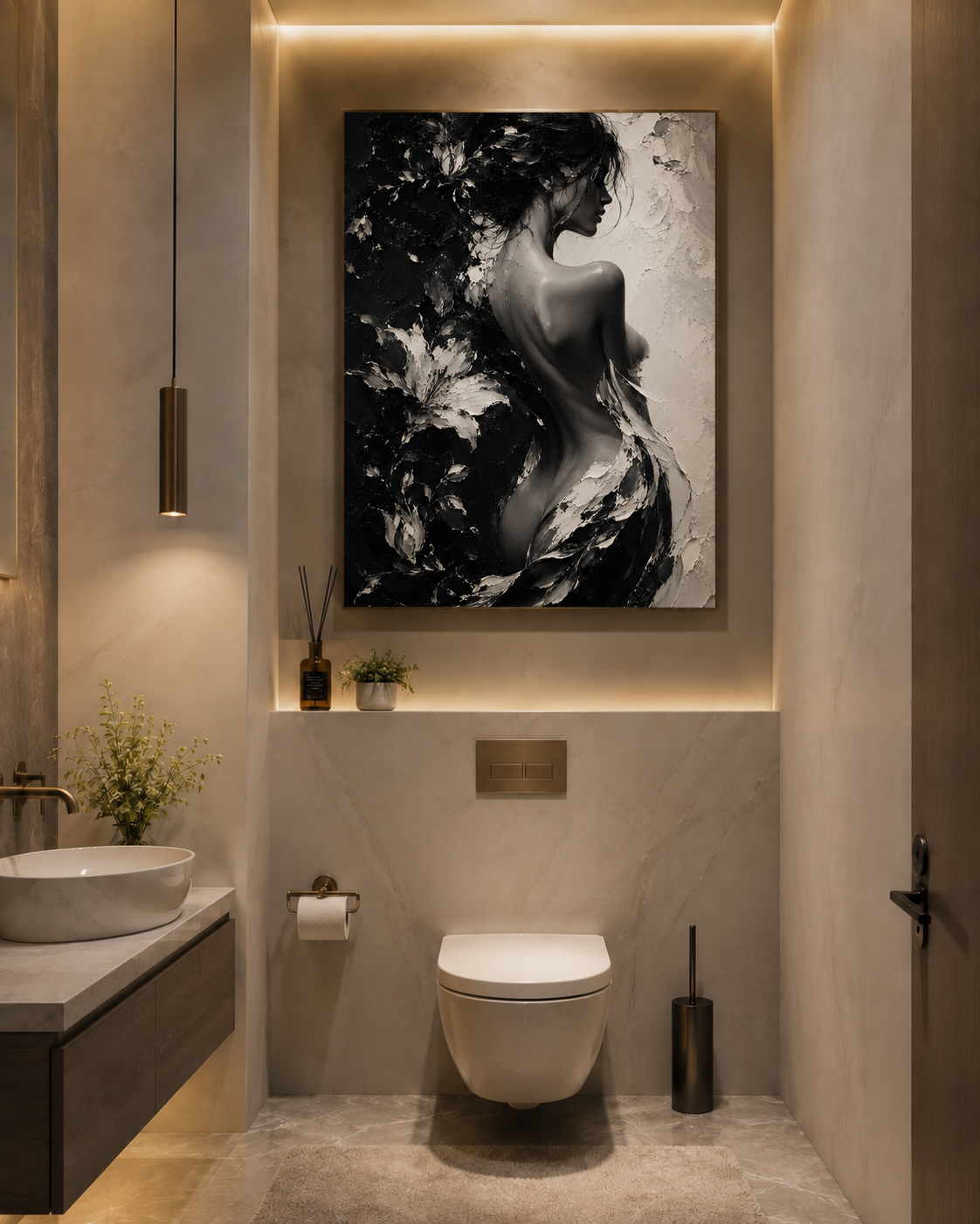 Tranh Canvas Nghệ Thuật Cô Gái Và Hoa Lá Tông Tối Trang Trí Phòng Khách