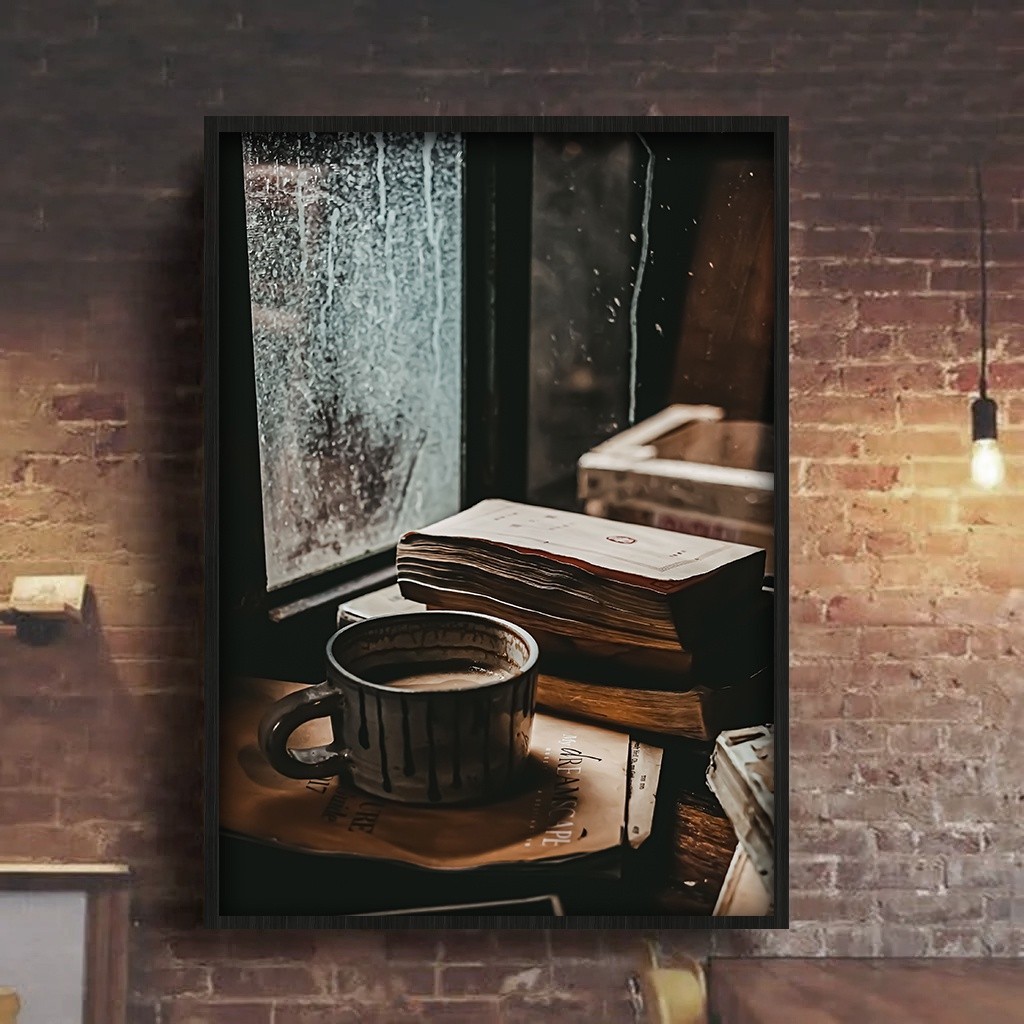Tranh tường chủ đề cà phê cổ điển, khung gỗ, trang trí quán cà phê và phòng ngủ