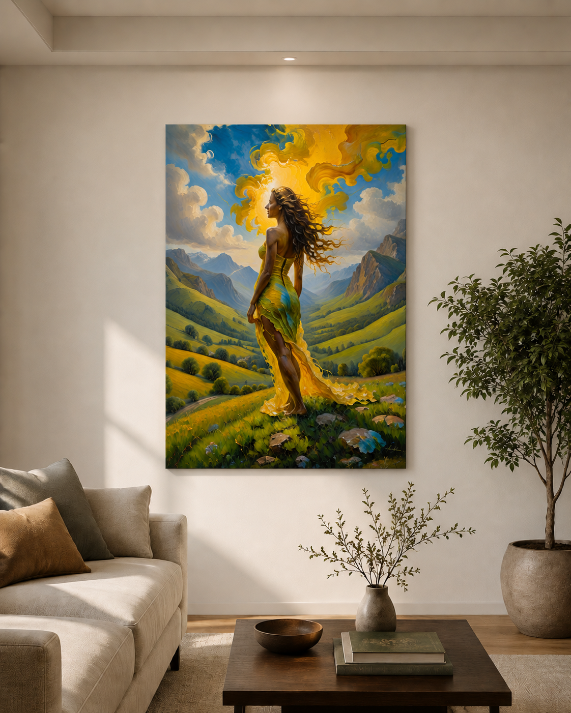 Tranh Canvas Nghệ Thuật Cô Gái Và Hoa Lá Tông Tối Trang Trí Phòng Khách