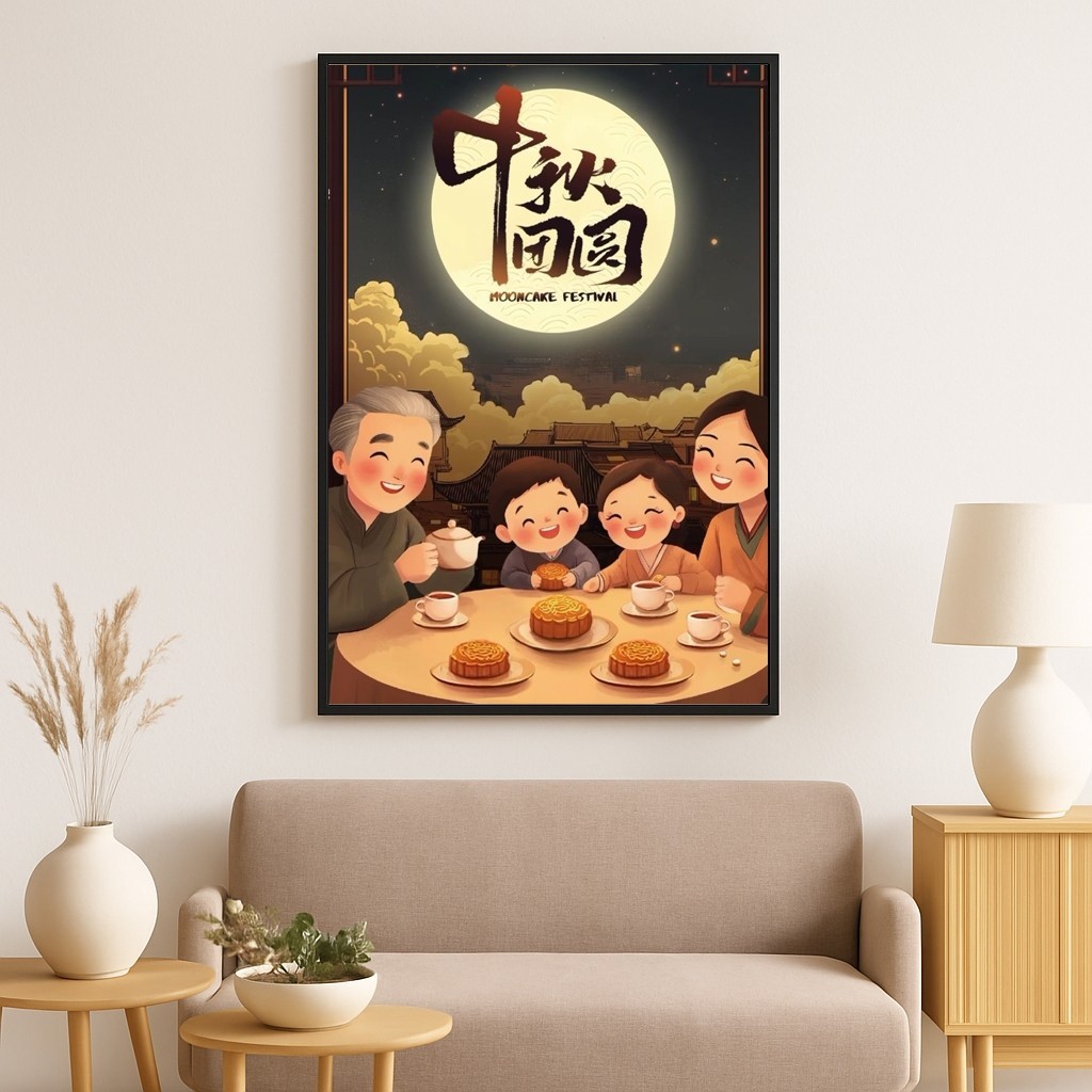 Tranh canvas decor ngày tết Trung Thu SNY38 - Tranh vui tết trung thu khung cảnh gia đình ấm cúng