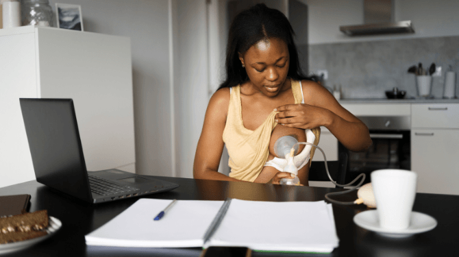 Mother breast pumping while at work to prepare breast milk for child