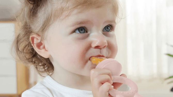A toddler feeding on a baby food feeder teether with solid food