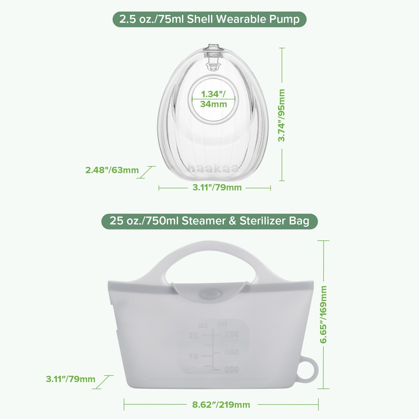 haakaa shell breast pump 75ml shell and 750ml steamer and sterilizer bag

