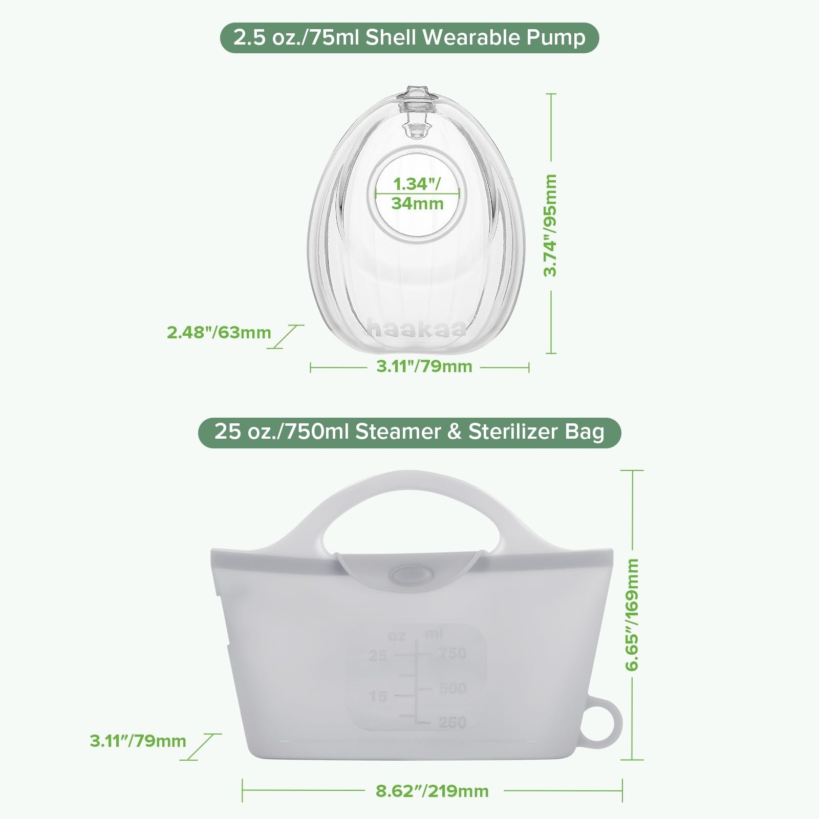 haakaa shell breast pump 75ml shell and 750ml steamer and sterilizer bag
