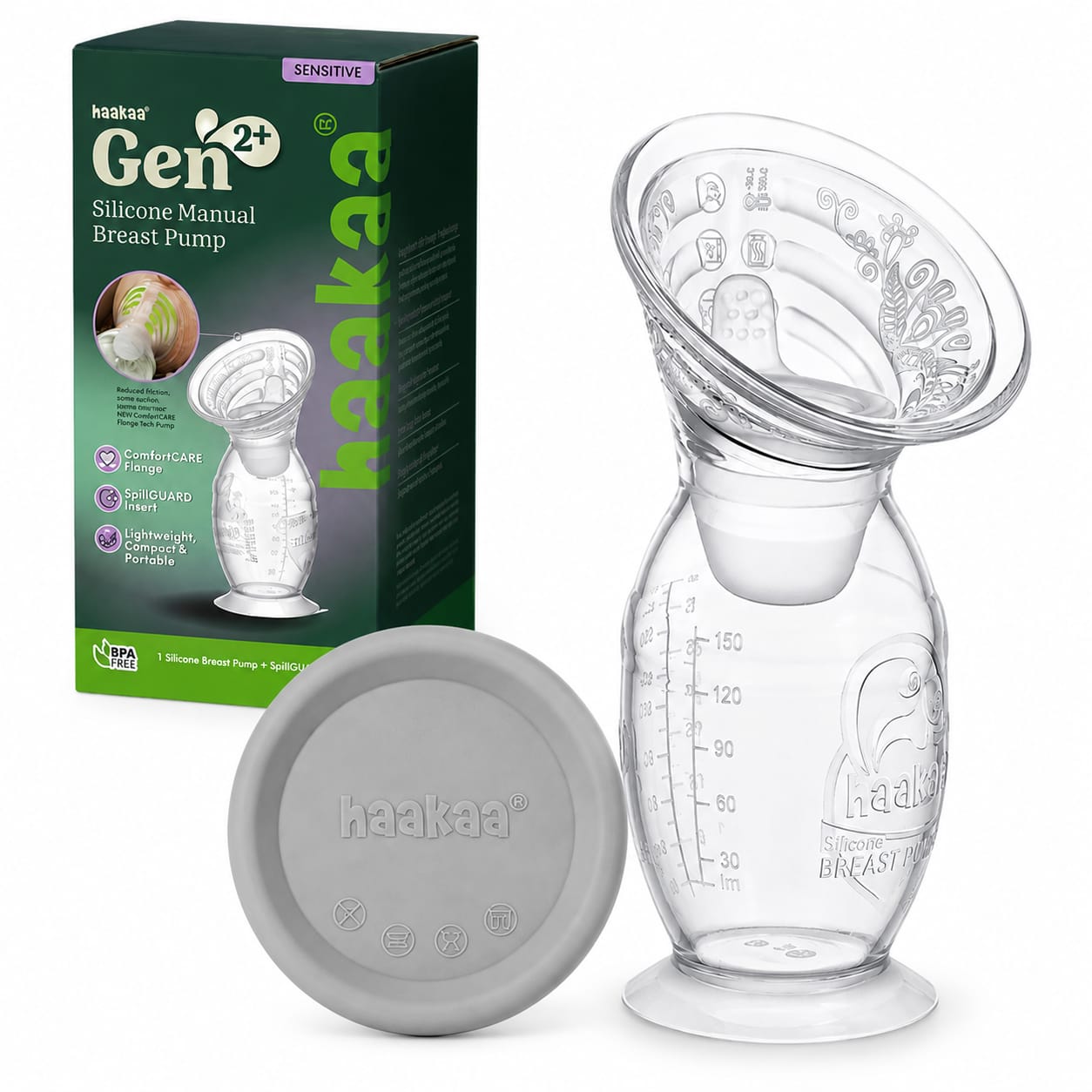 Haakaa Gen.2+ Plus Silicone Breast Pump with SpillGUARD Insert | ComfortCARE Upgraded Manual Milk Collector Sensitive with Stopper 