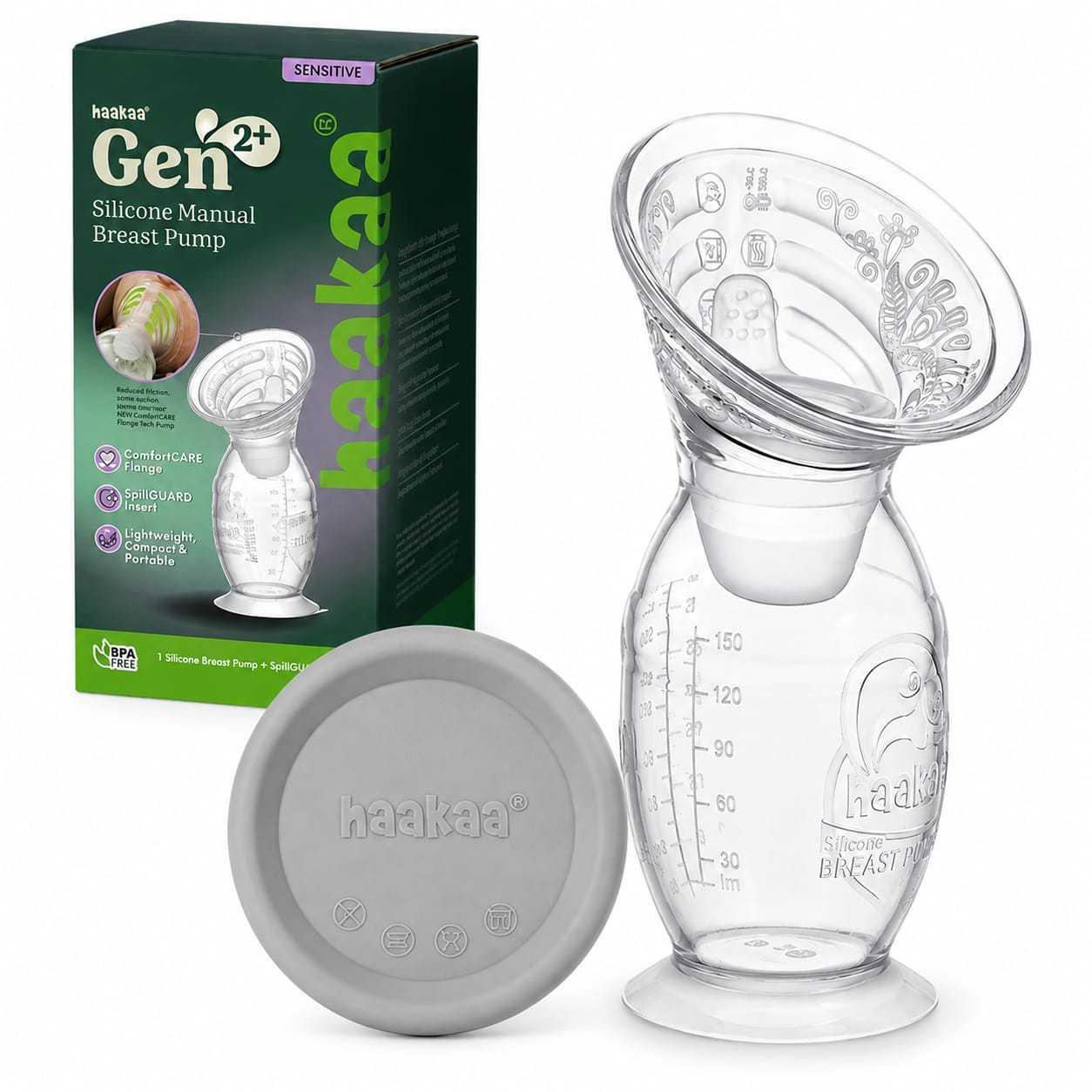 Haakaa Gen.2+ Plus Silicone Breast Pump with SpillGUARD Insert | ComfortCARE Upgraded Manual Milk Collector Sensitive with Stopper 