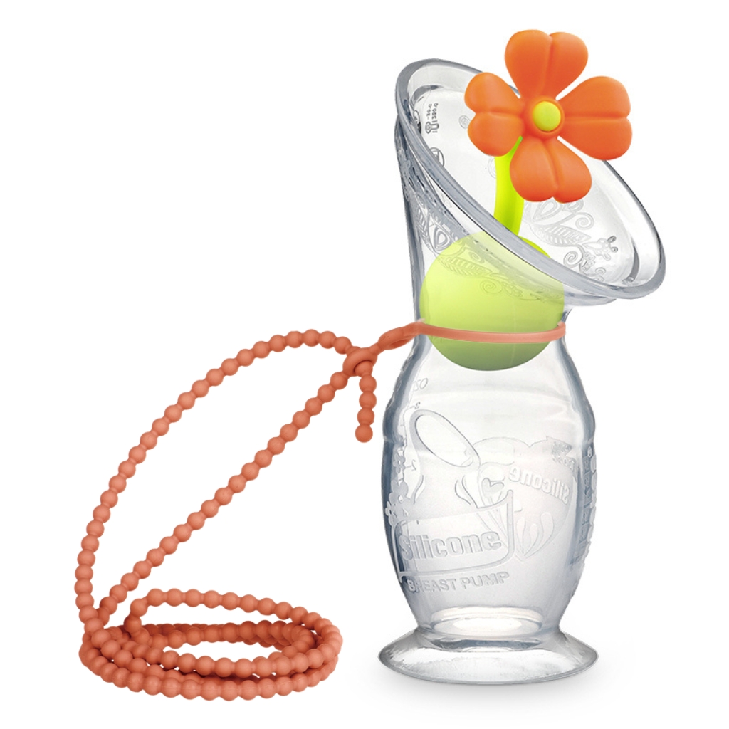 haakaa gen2 silicone breast pump 100ml with rust strap and orange flower stopper
