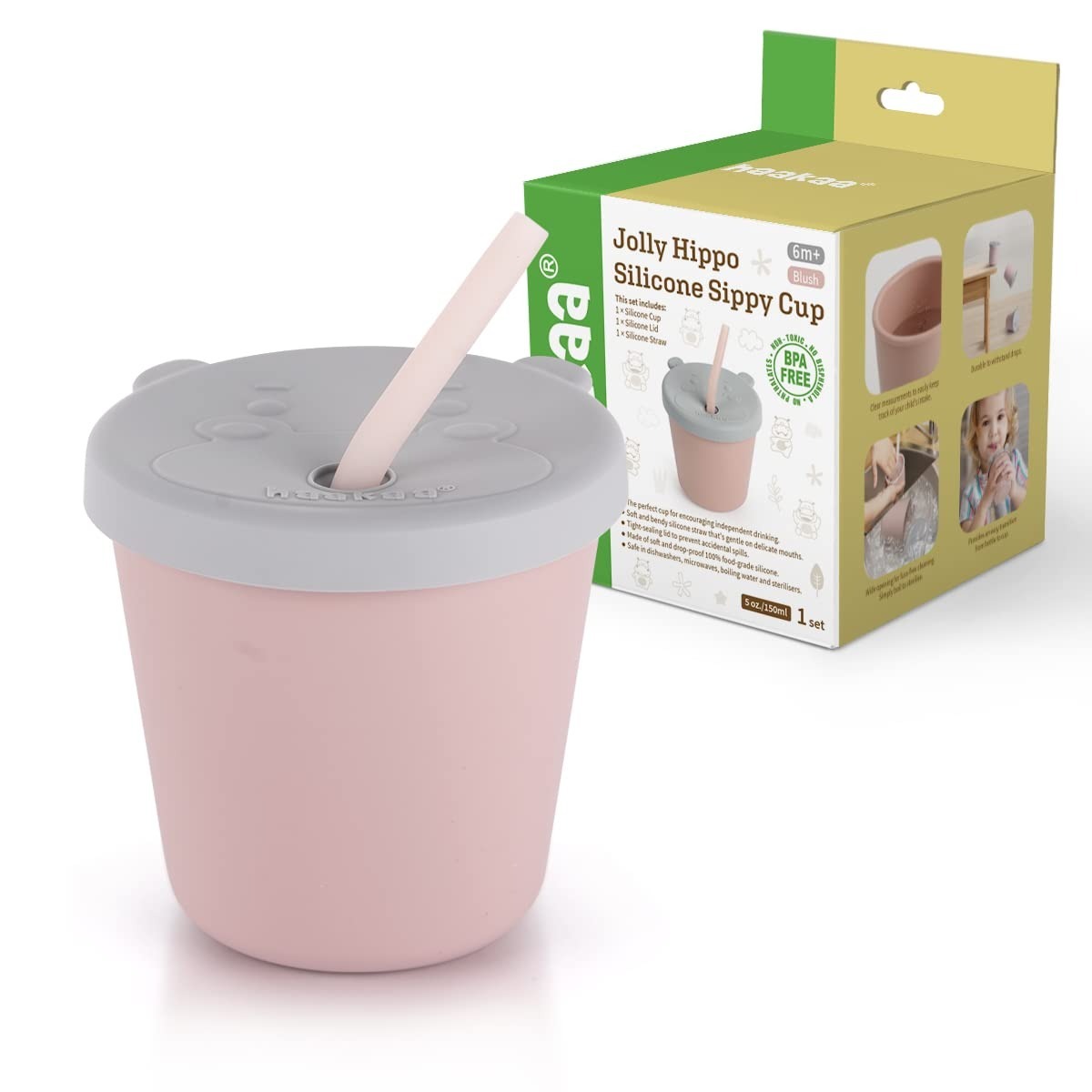 haakaa jolly hippo silicone sippy cup with straw blush