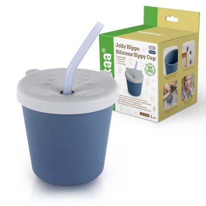 haakaa jolly hippo silicone sippy cup with straw bluestone