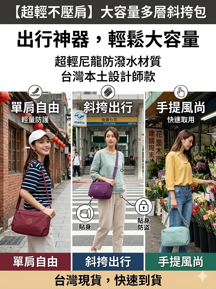 【超輕不壓肩】大容量多層斜背包