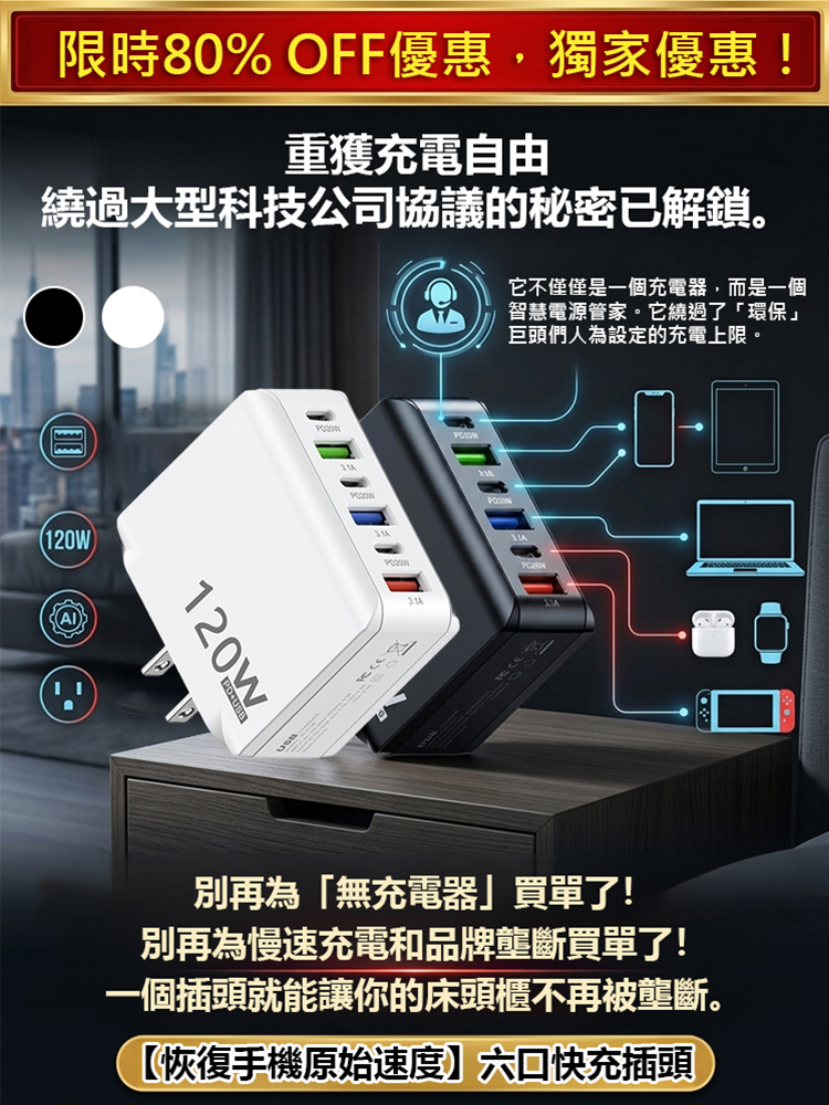 【恢復手機原始速度】六口快充插頭