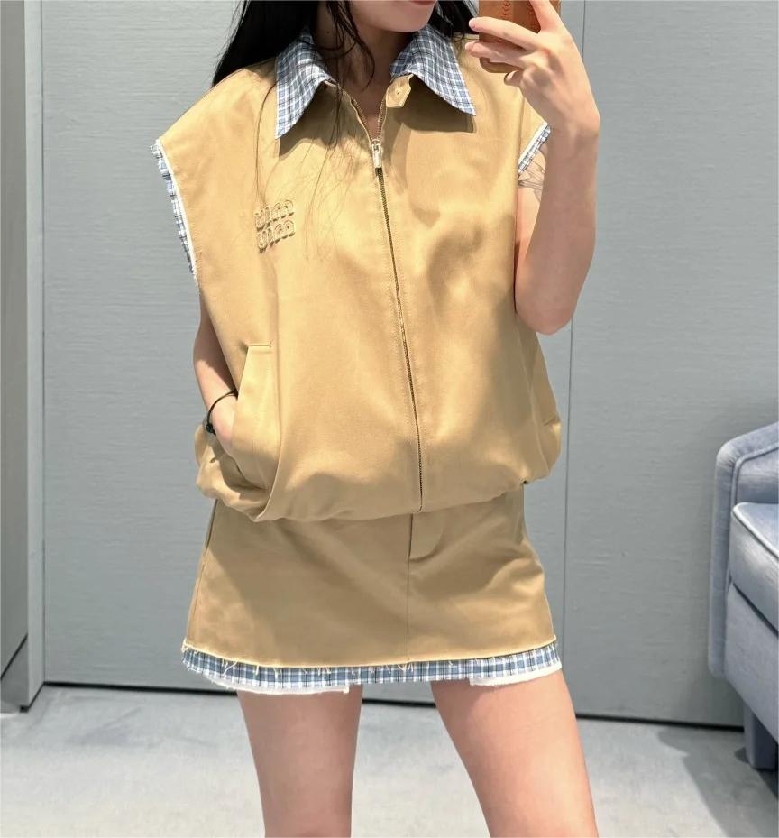 MIU25SS Plaid Patchwork Embroidered Letter Half Skirt