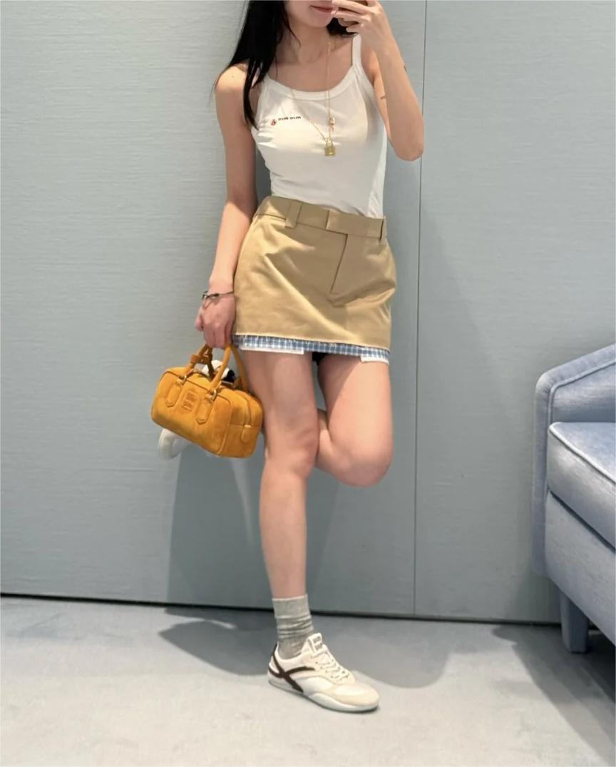 MIU25SS Plaid Patchwork Embroidered Letter Half Skirt