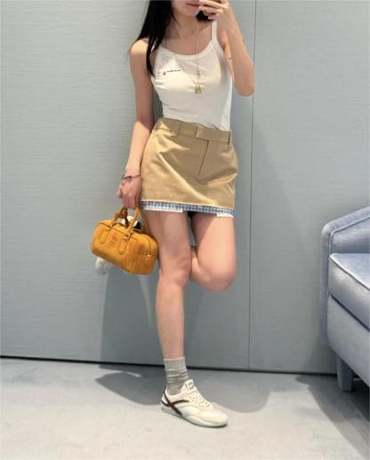 MIU25SS Plaid Patchwork Embroidered Letter Half Skirt