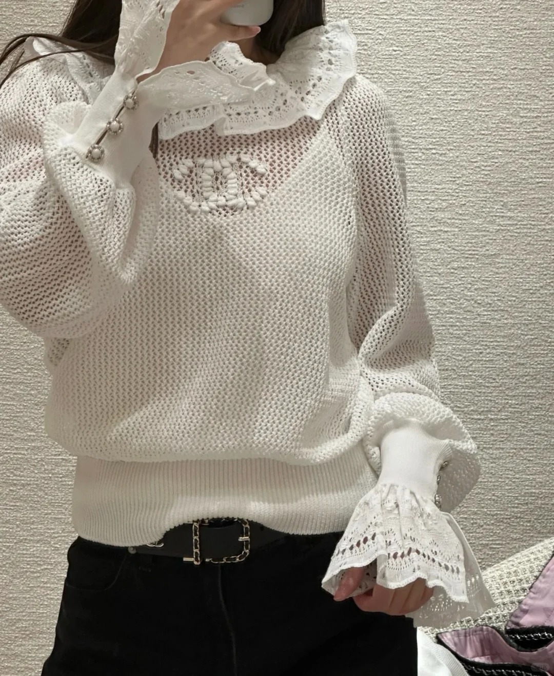 CHANE25SS Cutout Mesh Lace Neck Top