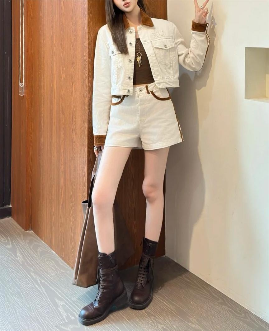 MIU25SS quilted leather trimmed denim jacket