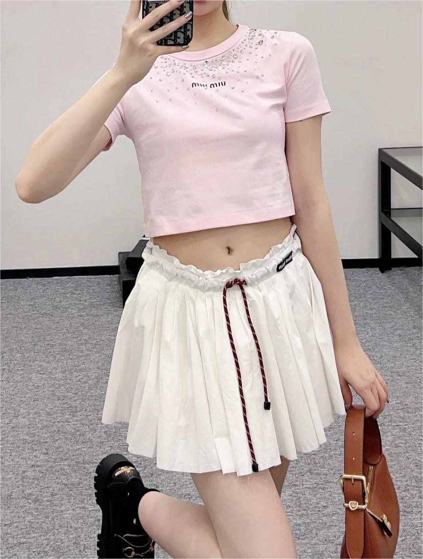 MIU25SS Handmade Starry Star Beaded Pattern Letter Short T-Shirt