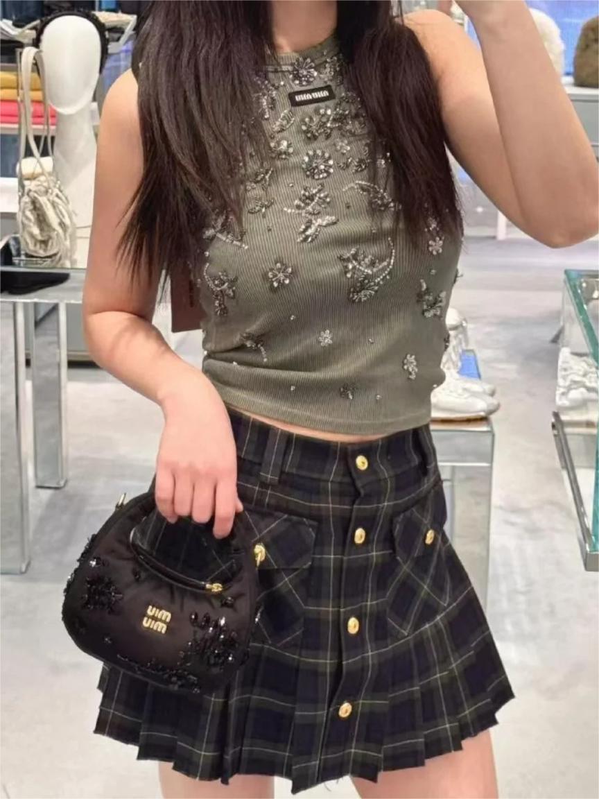 MIU25SS diamond-encrusted dark green sleeveless undershirt