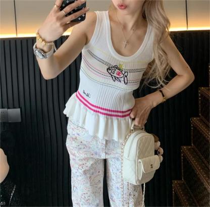 CHANE25SS Little Fish Stripe Stretch Knit Cami Tank Top