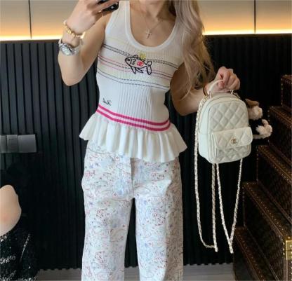 CHANE25SS Little Fish Stripe Stretch Knit Cami Tank Top