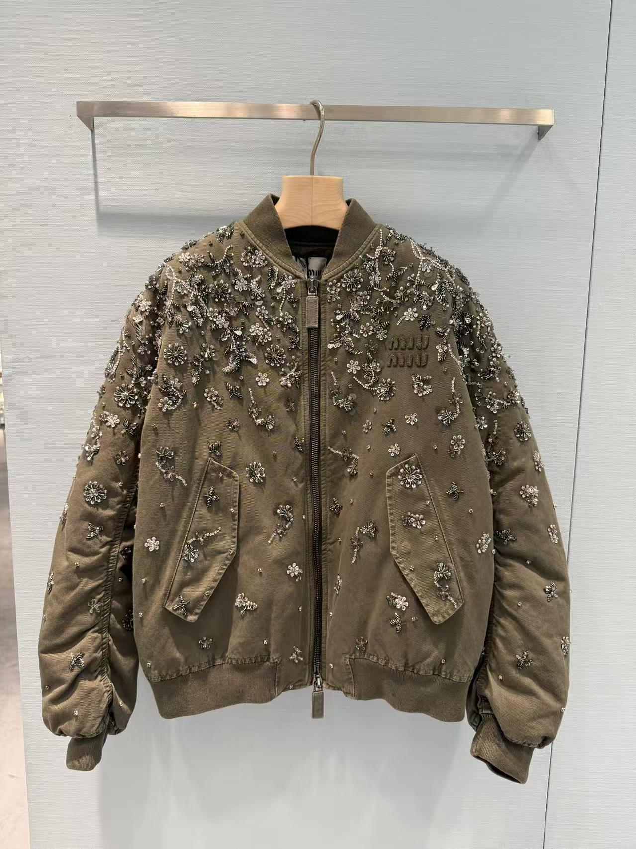 Miu Army Green Sequin Embroidered Jacket