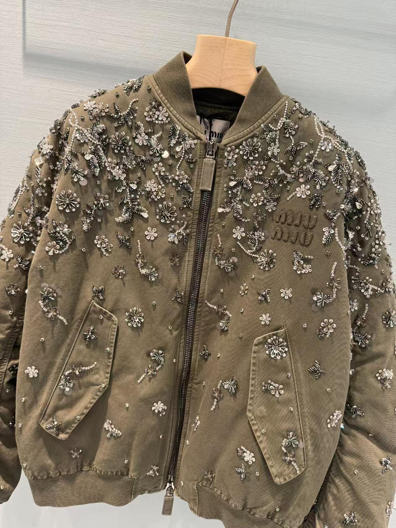 Miu Army Green Sequin Embroidered Jacket