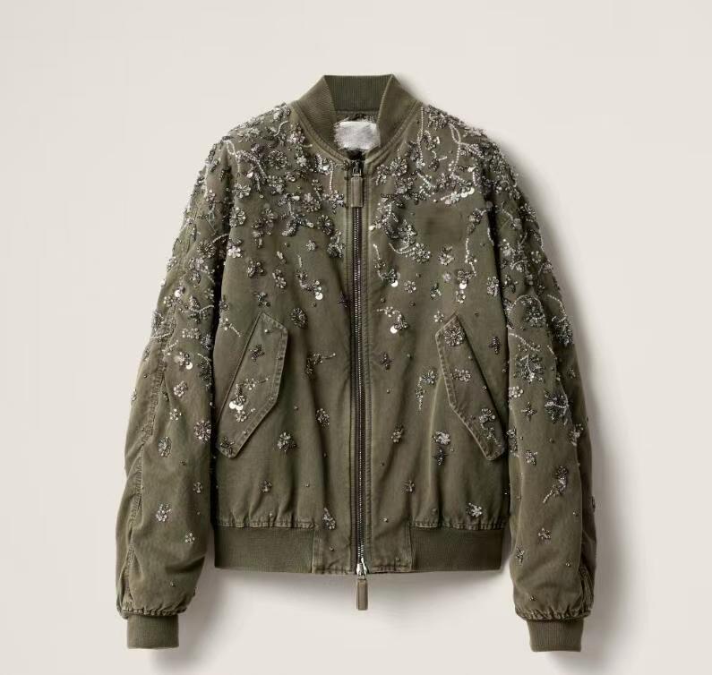 Miu Army Green Sequin Embroidered Jacket