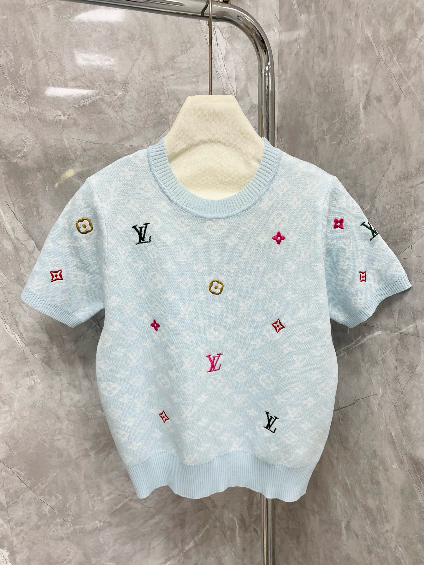 Louis Vuit25SS Flower Colourful Embroidery Embellished Round Neck Short Sleeve