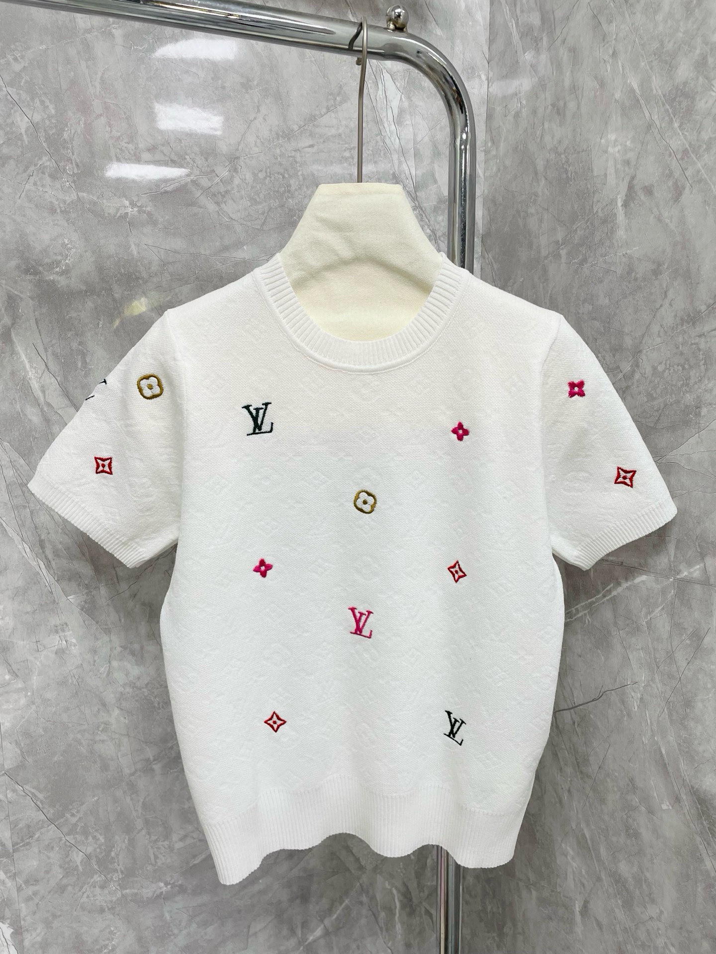 Louis Vuit25SS Flower Colourful Embroidery Embellished Round Neck Short Sleeve