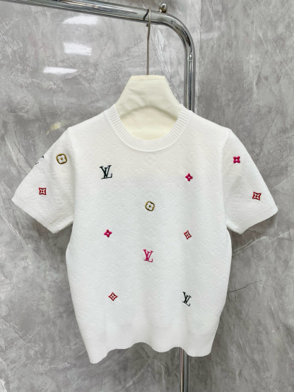 Louis Vuit25SS Flower Colourful Embroidery Embellished Round Neck Short Sleeve