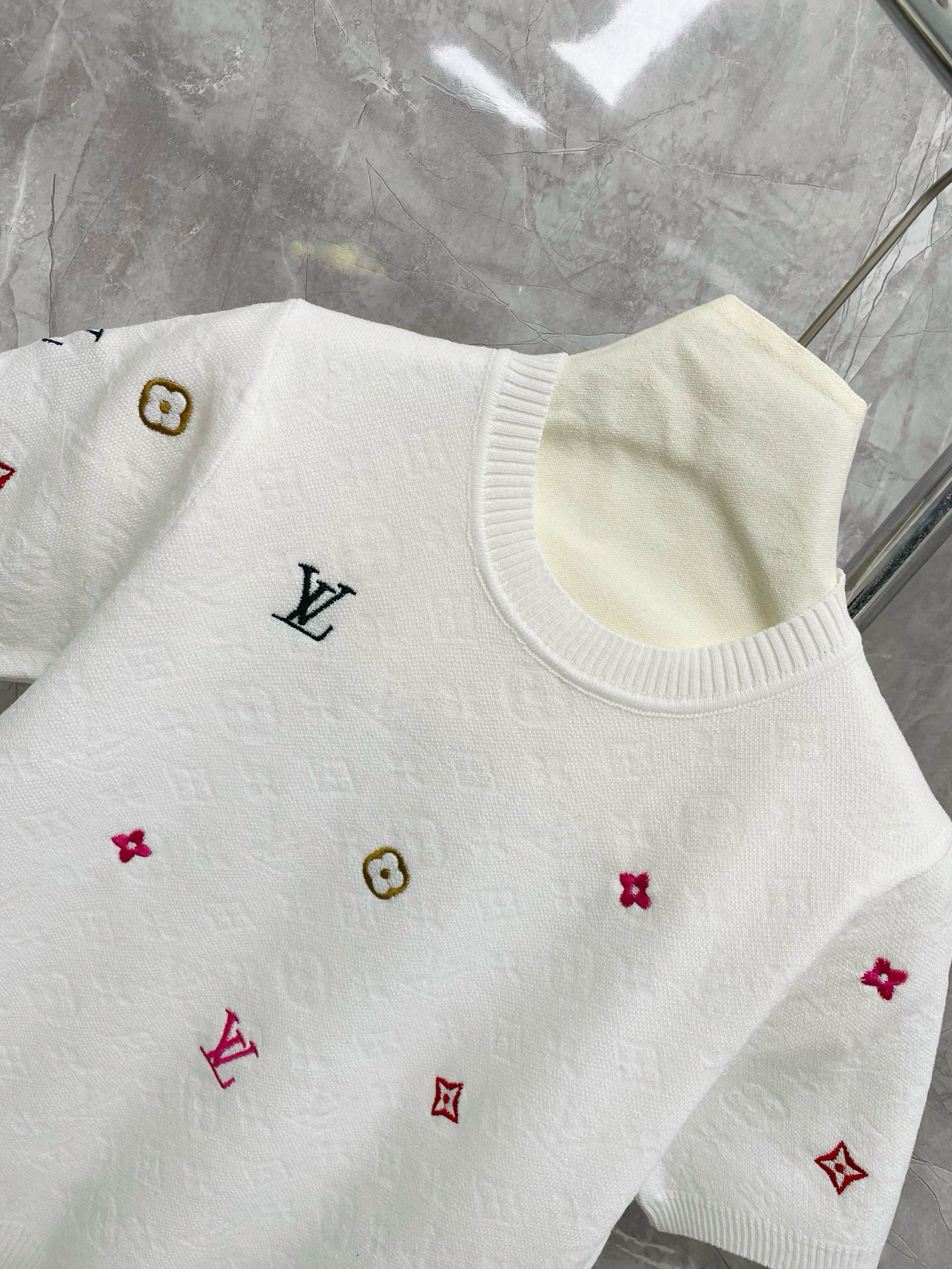 Louis Vuit25SS Flower Colourful Embroidery Embellished Round Neck Short Sleeve