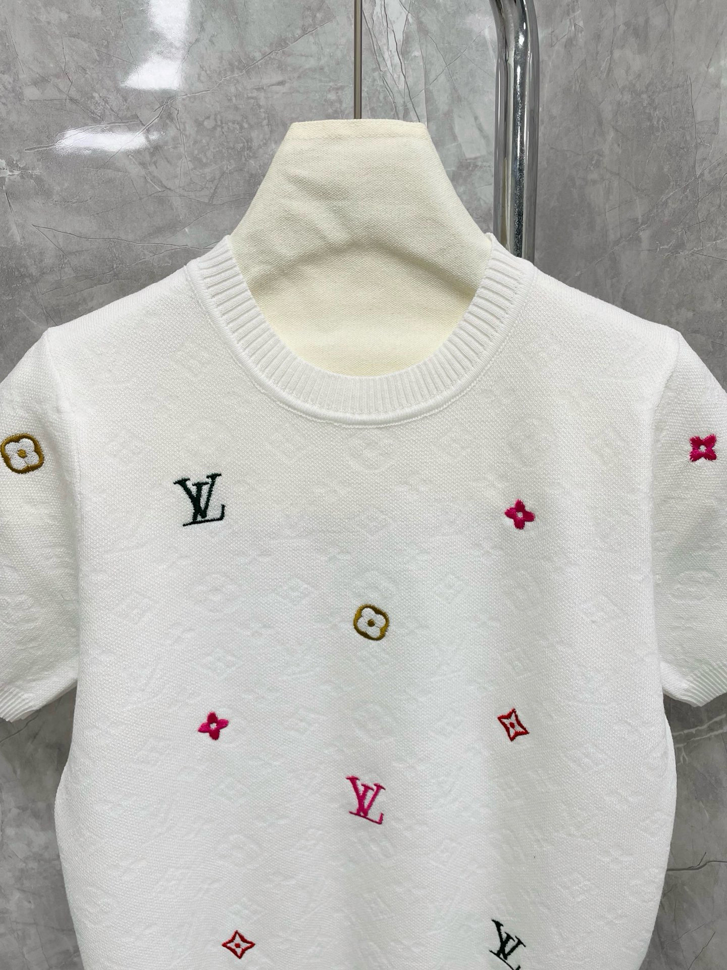 Louis Vuit25SS Flower Colourful Embroidery Embellished Round Neck Short Sleeve