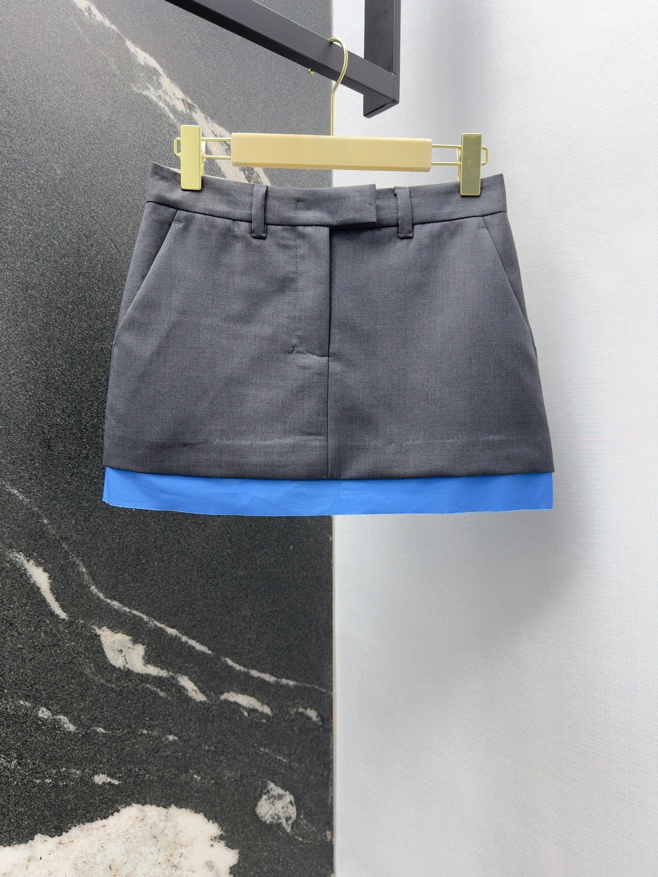 MIU suit with blue trimmed skirt