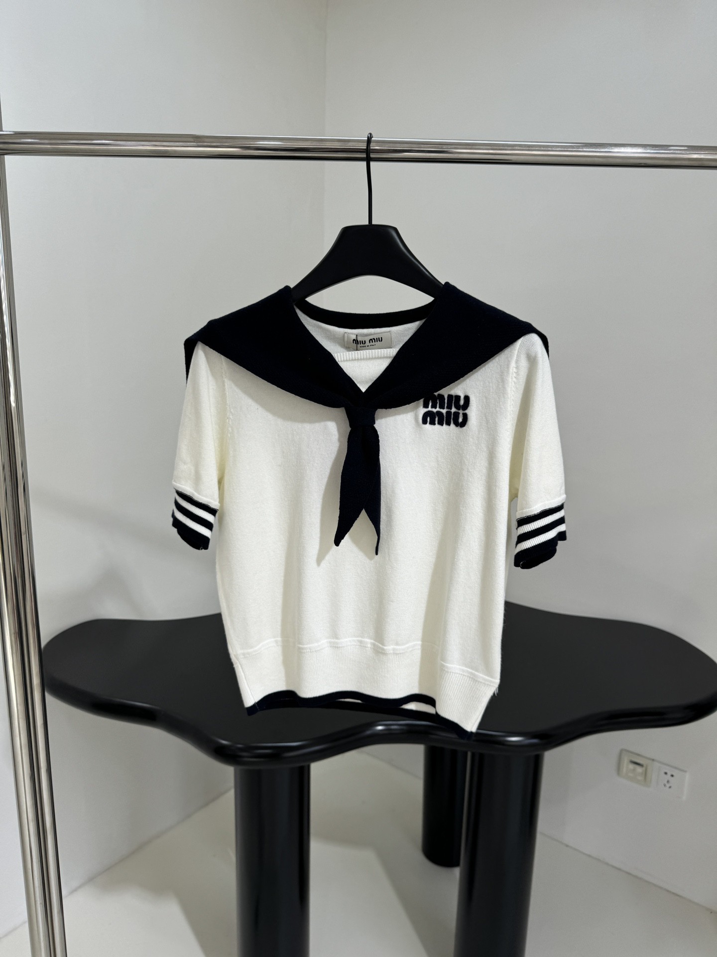 Navy Collar Wool Patchwork Polo Shirt