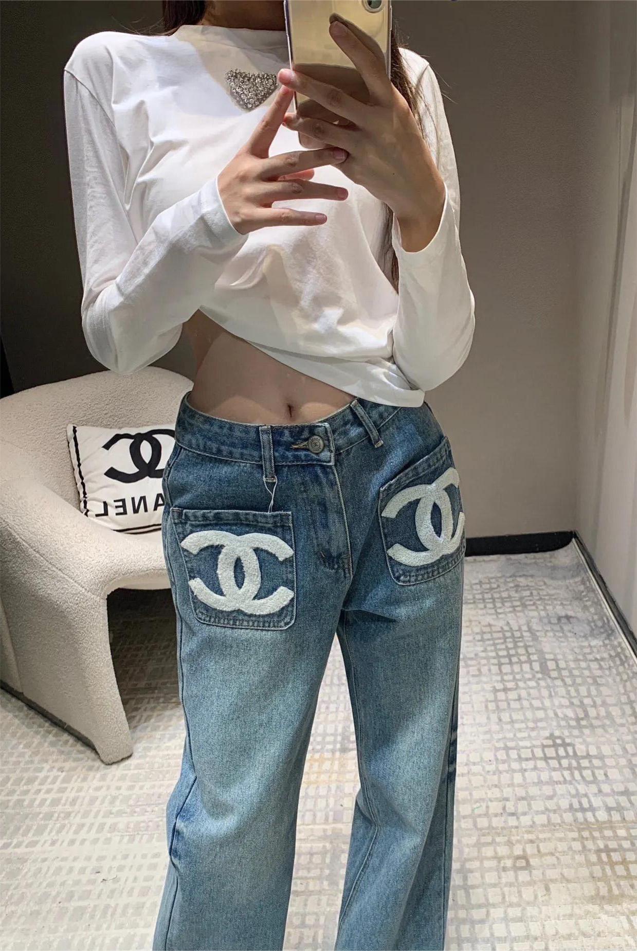 CHANE25SS embroidered denim straight leg trousers