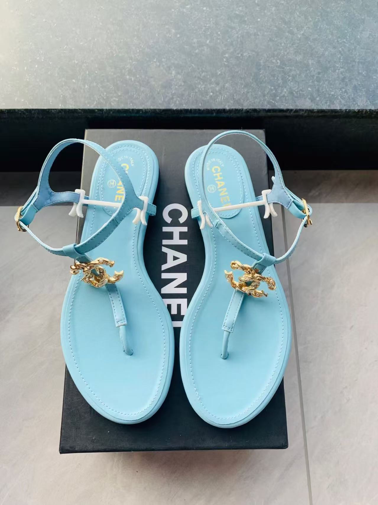 CC Aqua Thong Sandals with Gold CC Charm