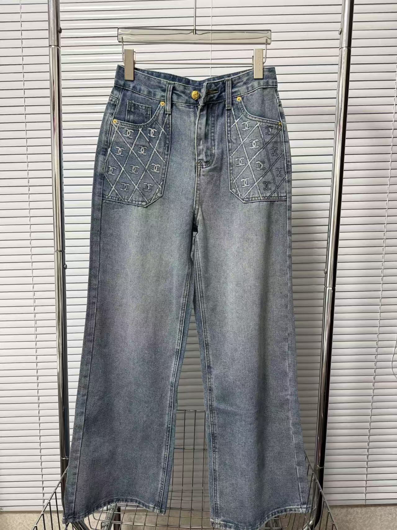 CC Double-C Diamond-Pocket High-Waist Wide-Leg Jeans