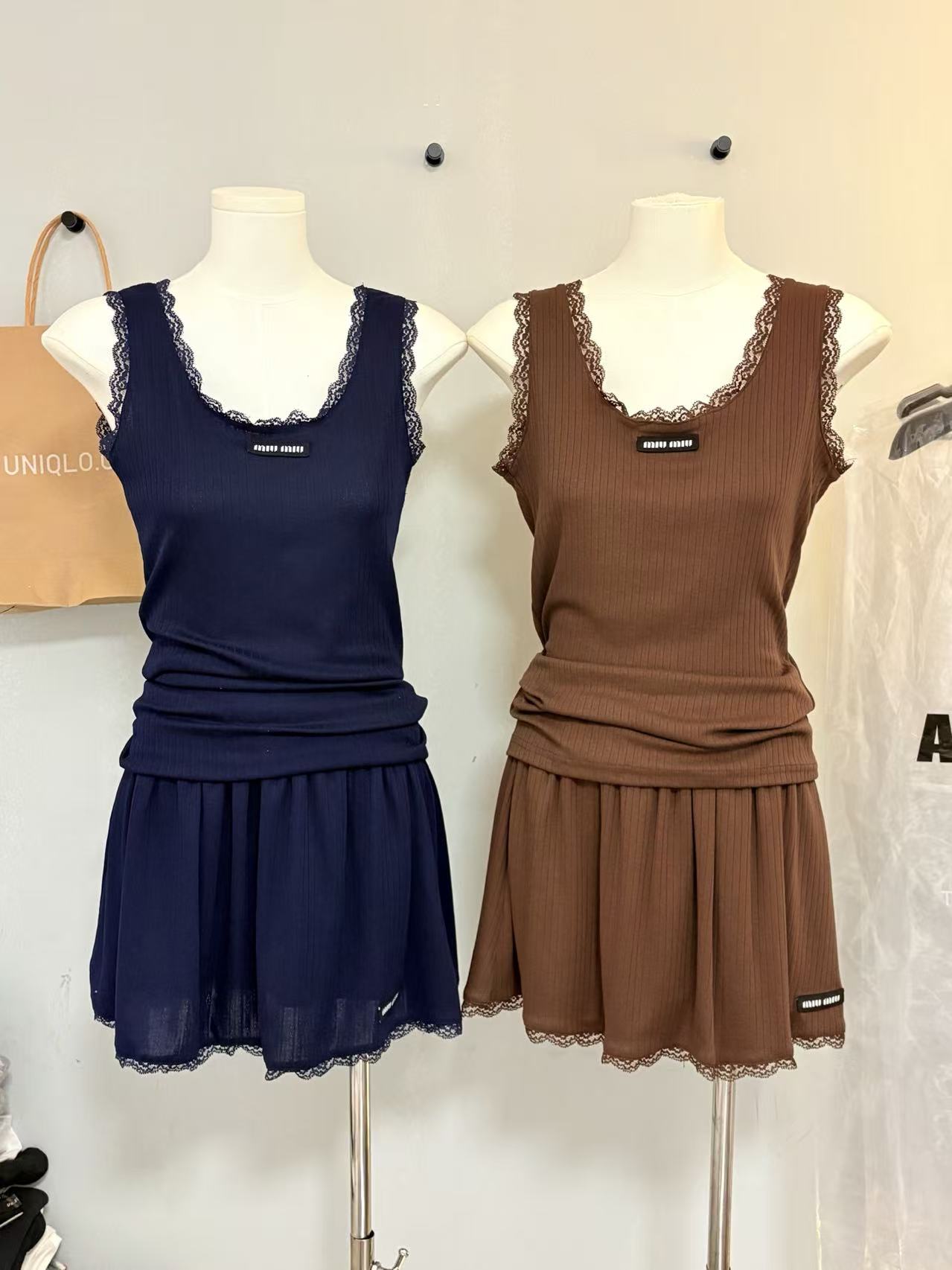 MIU Lace Trim Cami and Mini Skirt Set